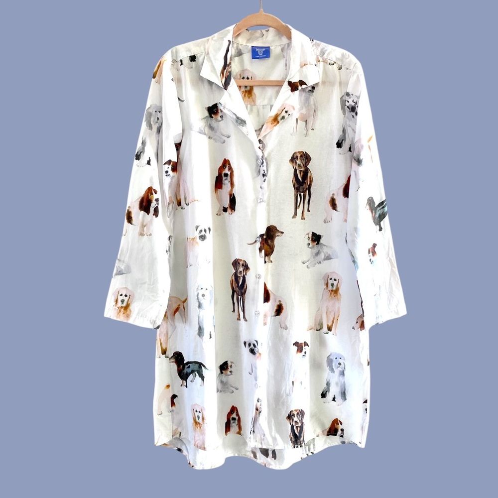 Pine Cone Hill Fine Linen Womens Dog Print Night Shirt Dress White SZ M - Picture 3 of 13